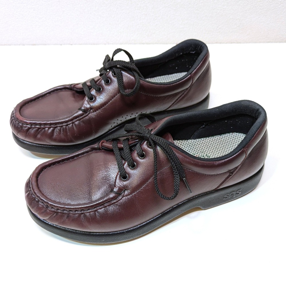 SAS Take Time Womens 8 Burgundy Leather Tripad Comfort Moc Toe Walking Shoes
